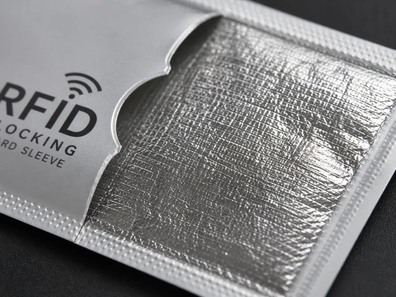Macro shot of a silver aluminum foil RFID blocking card sleeve showing the metallic shielding layer texture Macro shot of a silver aluminum foil RFID blocking card sleeve showing the metallic shielding layer texture